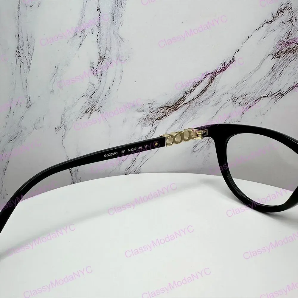 New GUCCI Eyeglasses Black 50mm Acetate Cat Eye Gold Cut Out Metal Logo Rx-able